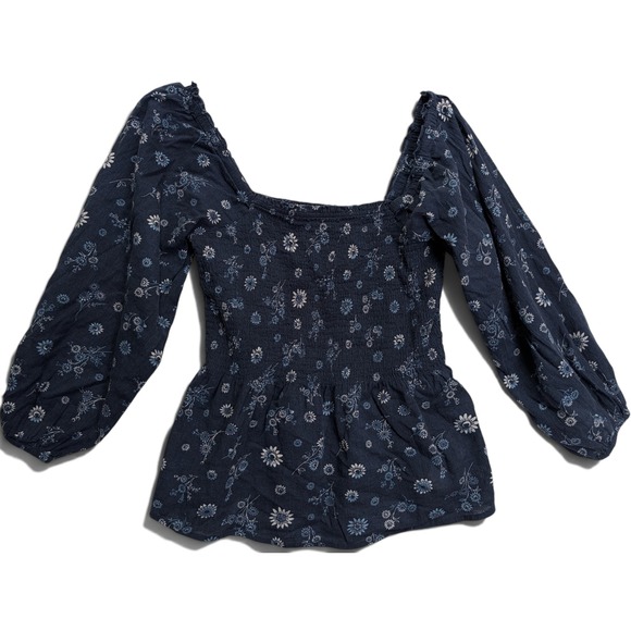 Madewell Tops - Madewell Womens Smocked Peplum Top Size 0 Floral Long Sleeve Navy Blue